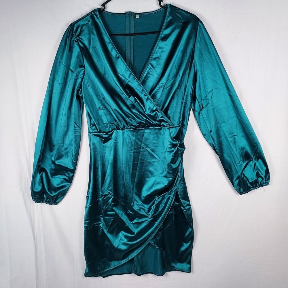 Yajedo Satin V-Neck Dress Size Large Green Party/Cocktail Long Sleeve New